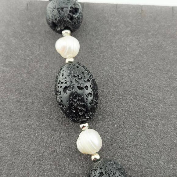 Lava Rock Style Round Beaded Necklace Black White Islander Earthy Boho Neutral - Picture 3 of 6